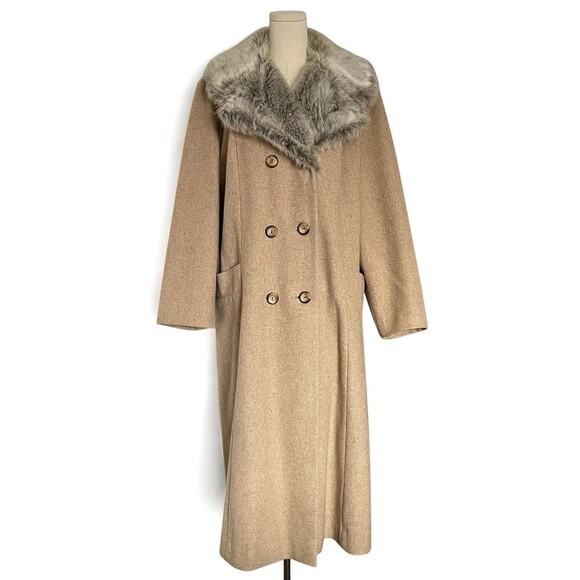 VTG Longline Wool Coat Womens XL/2XL Faux Fur Collar Satin Lined USA Made Brown - Picture 1 of 16